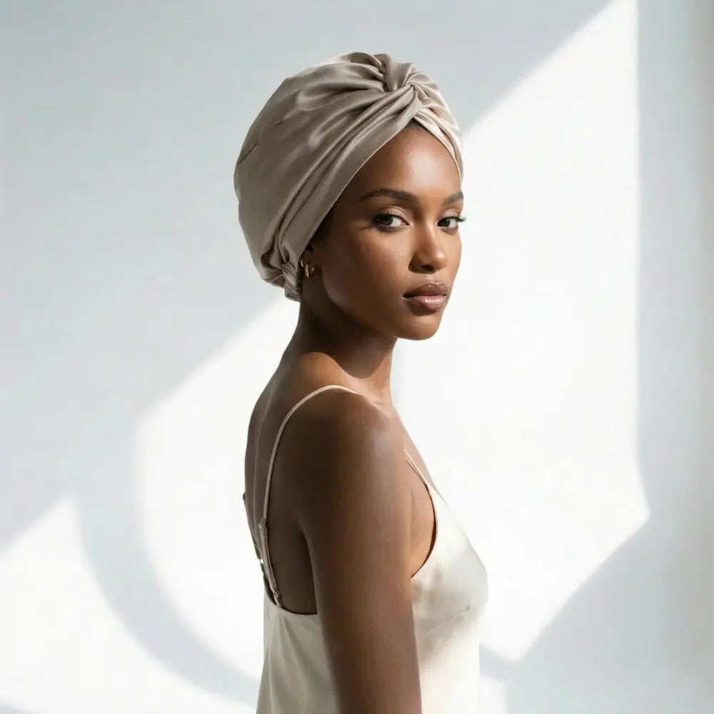 infused silver silk bonnet on a model