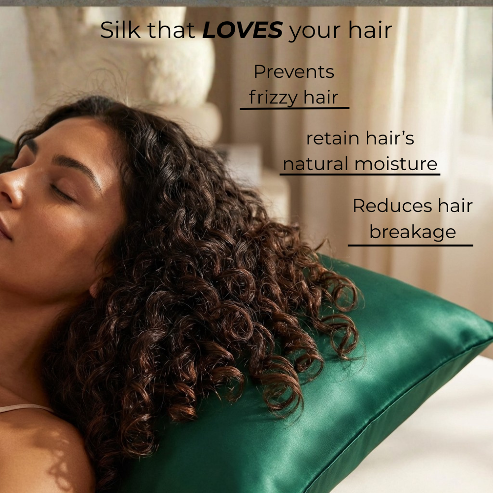 Woman sleeping on GLOWE Silk Pillowcase, silk that prevents frizzy hair, reduces breakage, and retains natural moisture