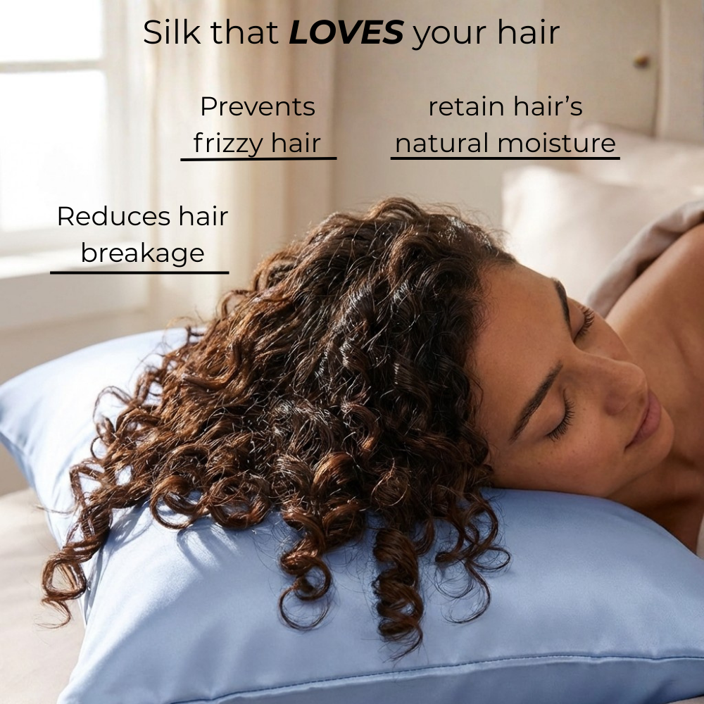 Woman sleeping on GLOWE Silk Pillowcase, silk that prevents frizzy hair, reduces breakage, and retains natural moisture