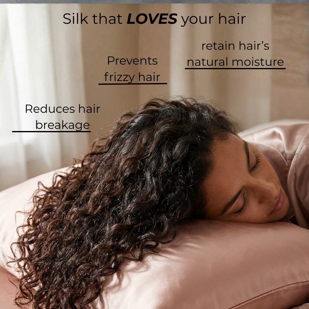 Woman sleeping on GLOWE Silk Pillowcase, silk that prevents frizzy hair, reduces breakage, and retains natural moisture