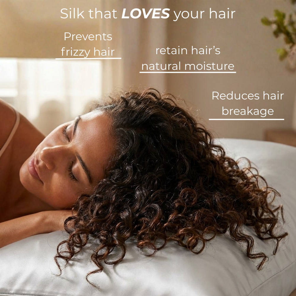Woman sleeping on GLOWE Silk Pillowcase, silk that prevents frizzy hair, reduces breakage, and retains natural moisture