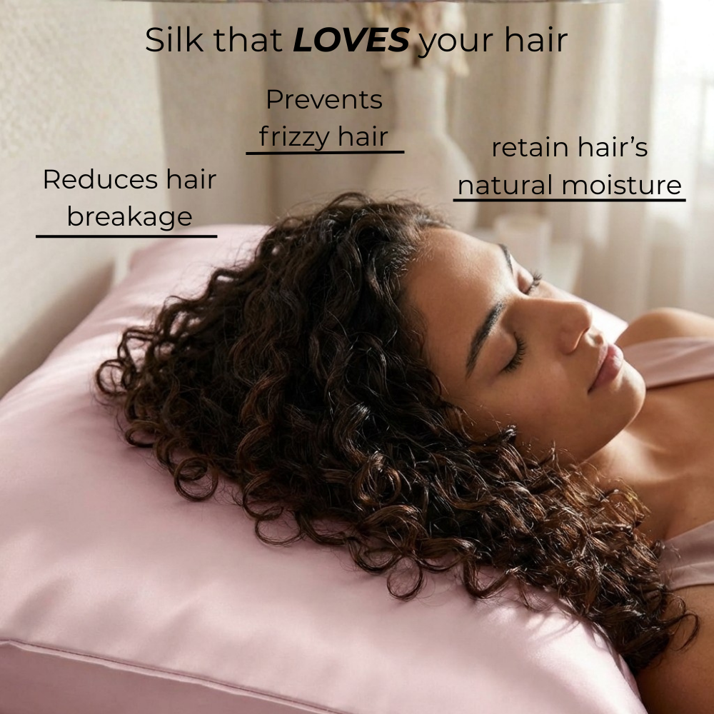 Woman sleeping on GLOWE Silk Pillowcase, silk that prevents frizzy hair, reduces breakage, and retains natural moisture