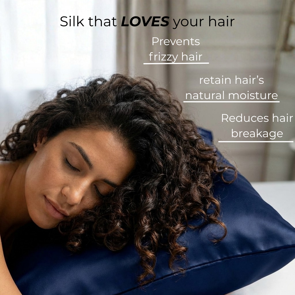 Woman sleeping on GLOWE Silk Pillowcase, silk that prevents frizzy hair, reduces breakage, and retains natural moisture