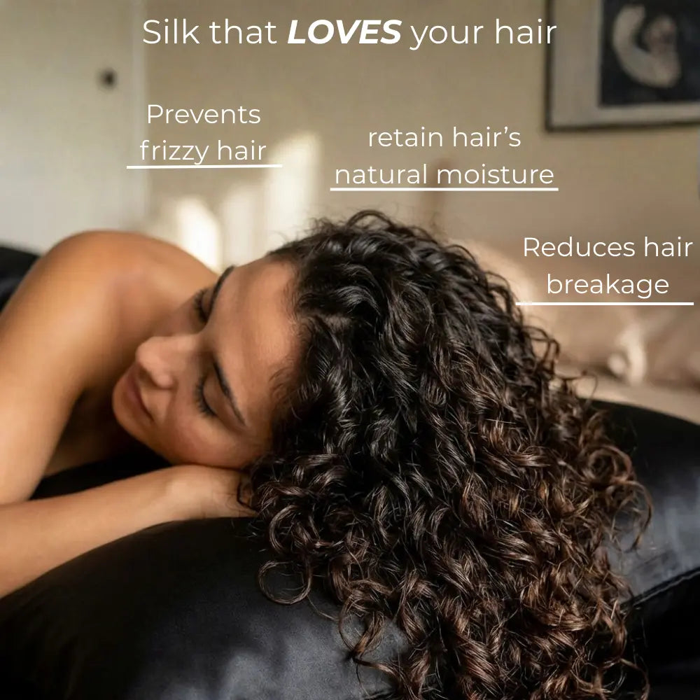 Woman sleeping on GLOWE Silk Pillowcase, silk that prevents frizzy hair, reduces breakage, and retains natural moisture