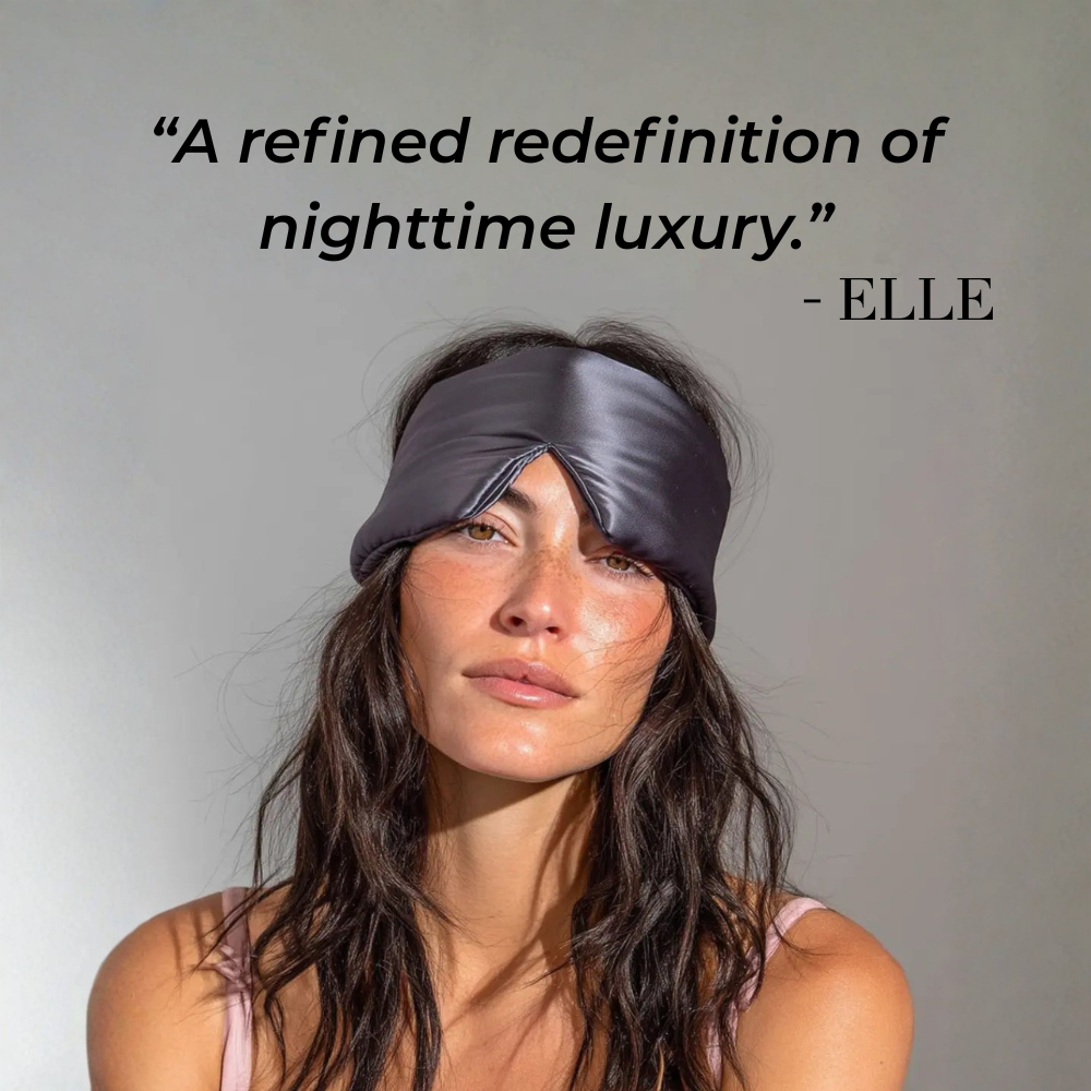 Woman wearing GLOWE Deep Sleep Mask in Slate Grey, lifestyle editorial shot