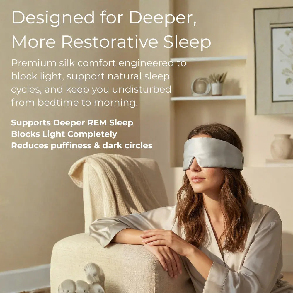 Woman wearing GLOWE Deep Sleep Mask, designed for deeper more restorative sleep
