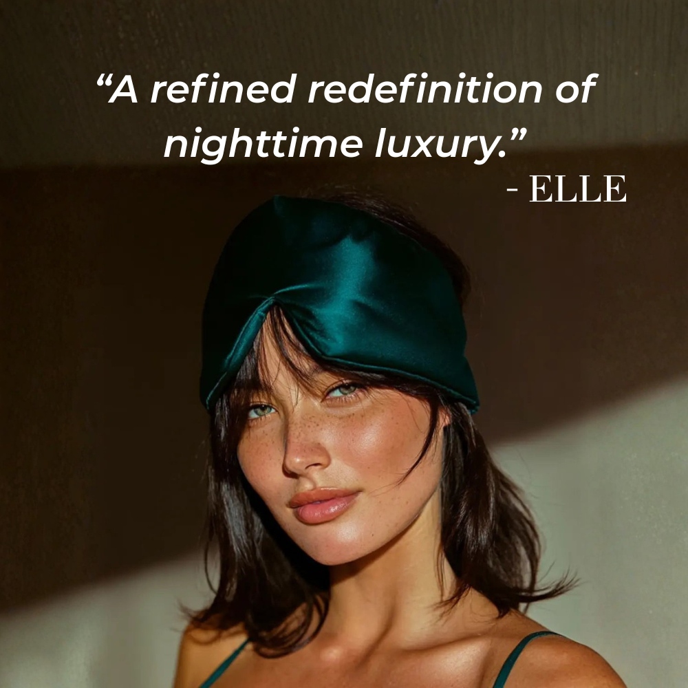 Woman wearing GLOWE Deep Sleep Mask in Forest Green, lifestyle editorial shot