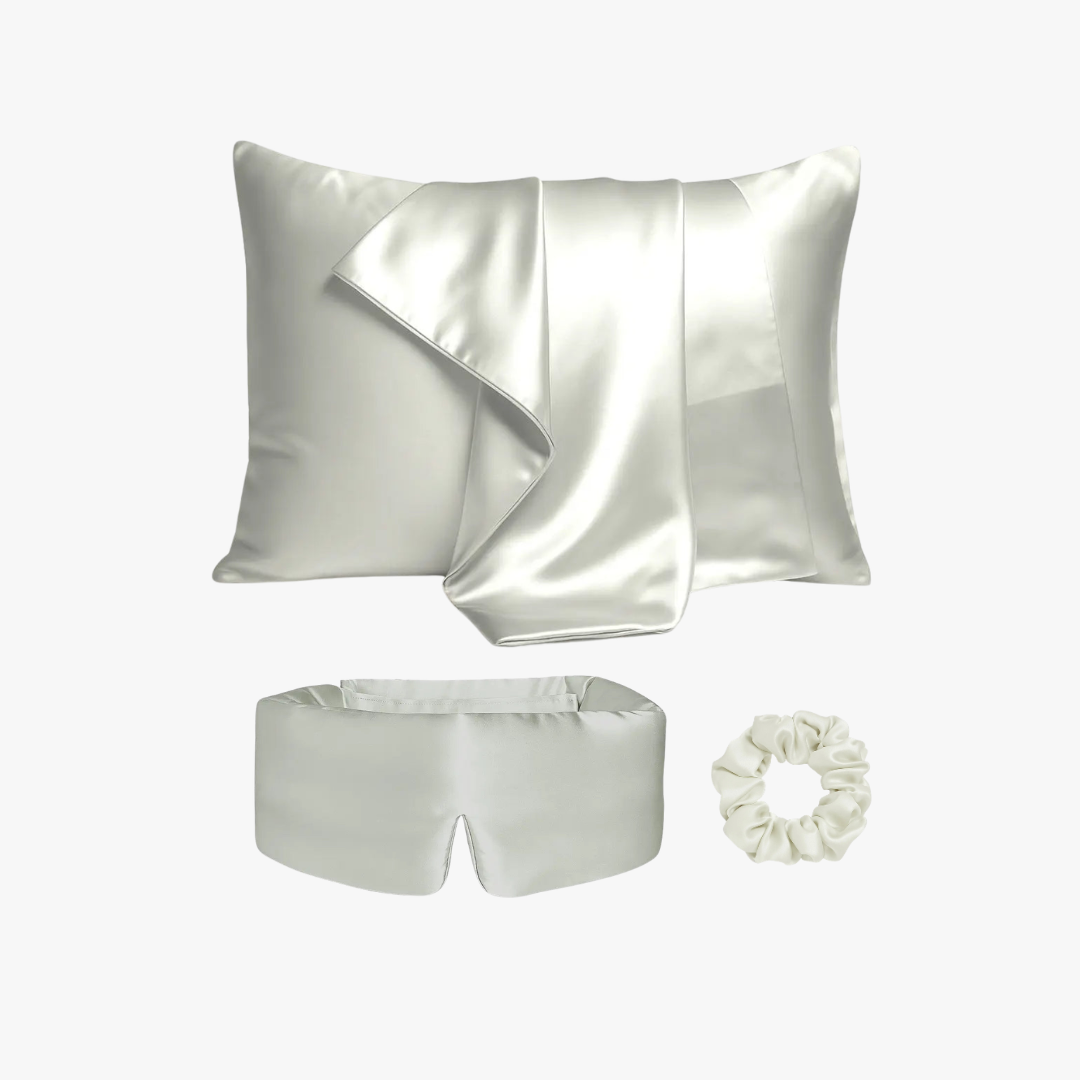 Ultimate sleep bundle in Soft Sage, 23 momme mulberry silk sleep mask, pillowcase and scrunchie