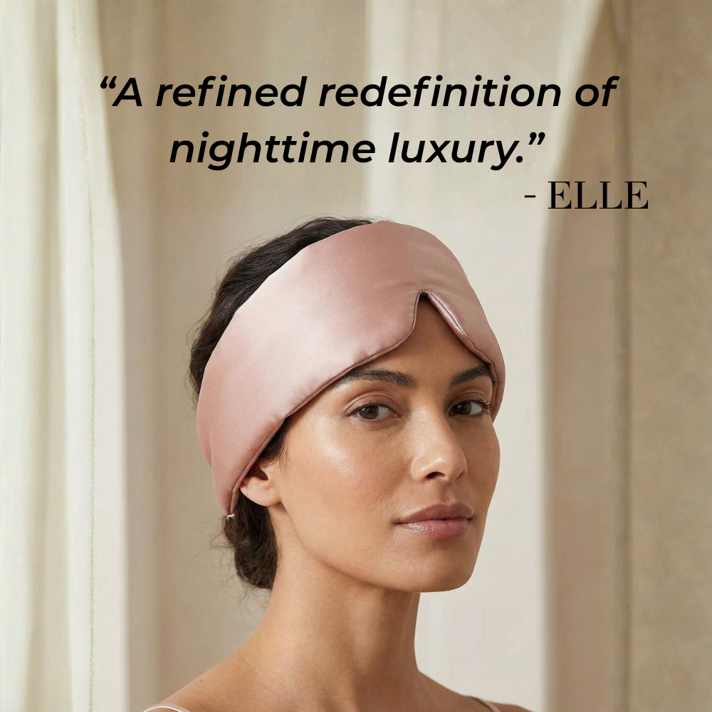 Woman wearing GLOWE Deep Sleep Mask in Soft Blush, lifestyle editorial shot