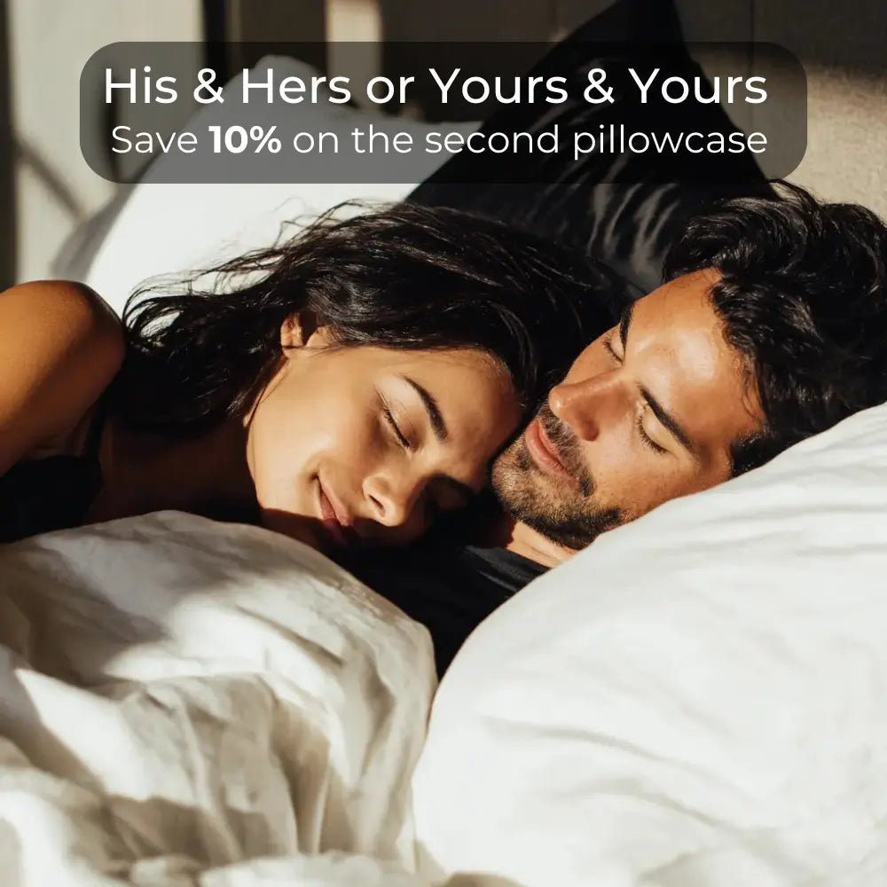 Couple sleeping on GLOWE Silk Pillowcases, his and hers set, save 10% on second pillowcas