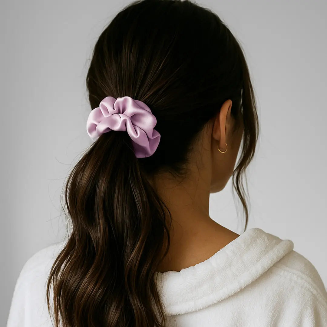 Woman wearing GLOWE Silk Scrunchie in Dusty Rose in ponytail, showing gentle hold without hair creasing