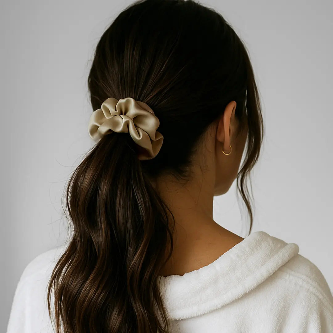 Woman wearing GLOWE Silk Scrunchie in Sandstone in ponytail, showing gentle hold without hair creasing